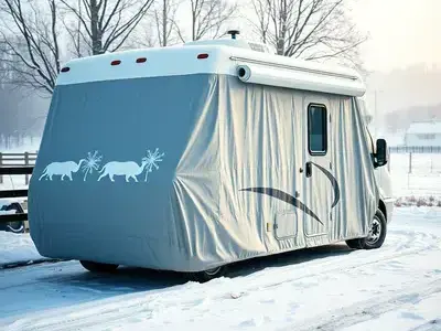 RV covered in snow for winter storage protection